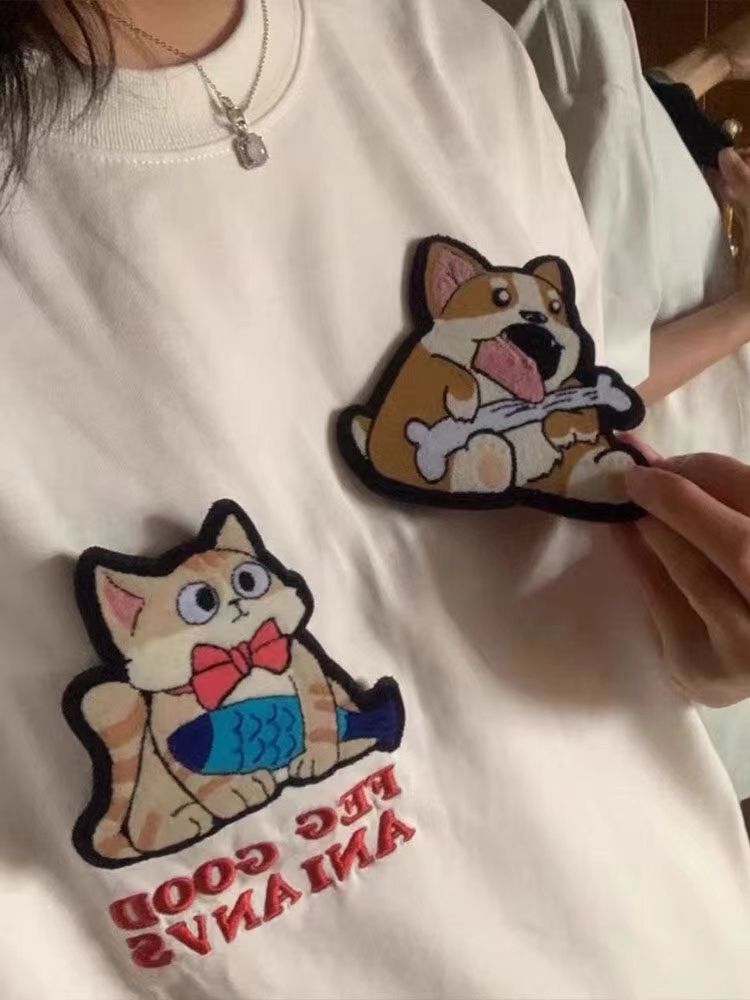 動物魔術貼刺繡寬鬆T恤女夏季新款高級韓版情侶款上衣