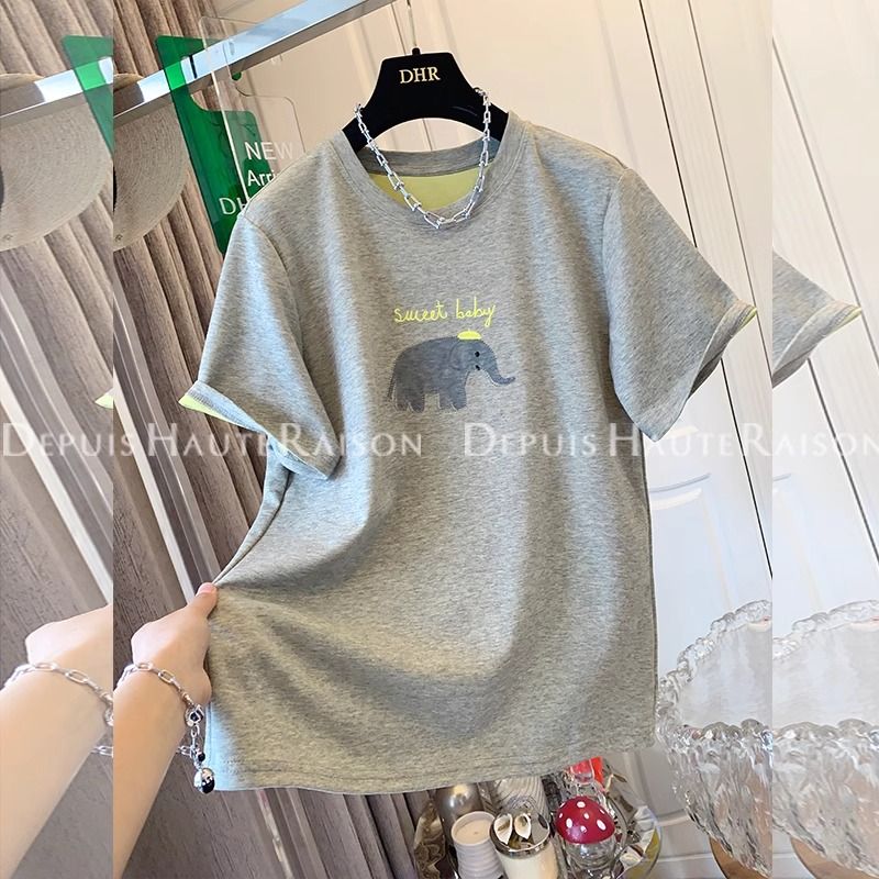 Print + original fabric extra large size 240 catties elephant letters loose cartoon age-reducing short sleeves