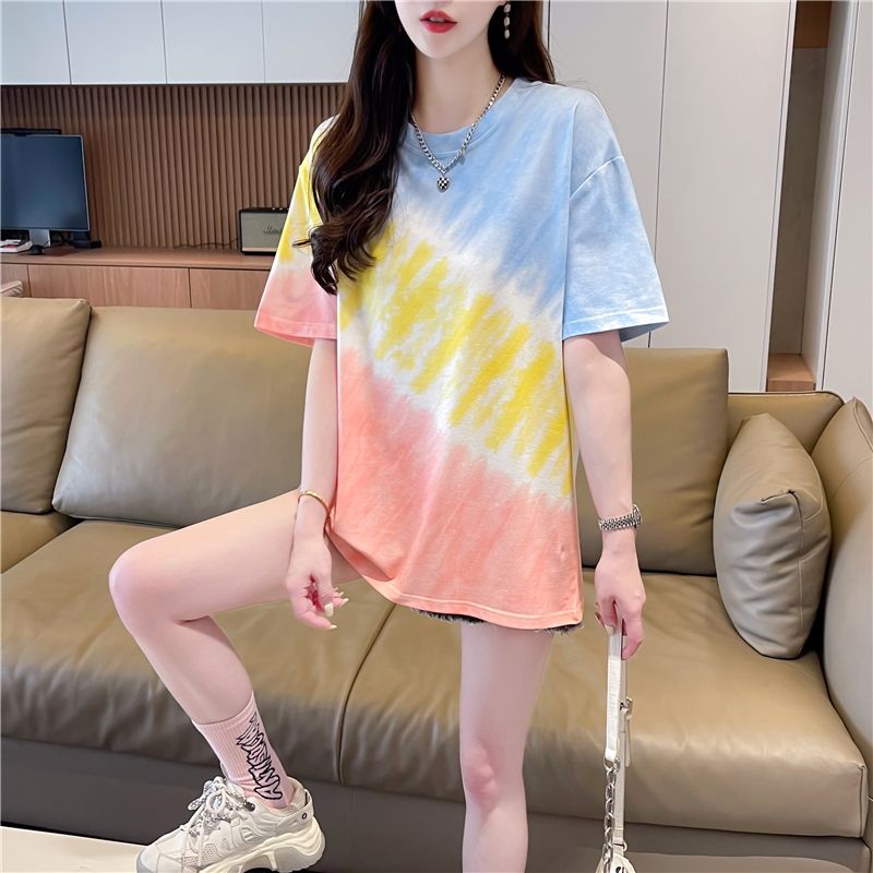 Real shot Korean loose gradient short-sleeved T-shirt for women's new summer cartoon printed large-size top ins trendy