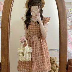 Sweet plaid small flying sleeve dress for women with straps and waist slim small skirt
