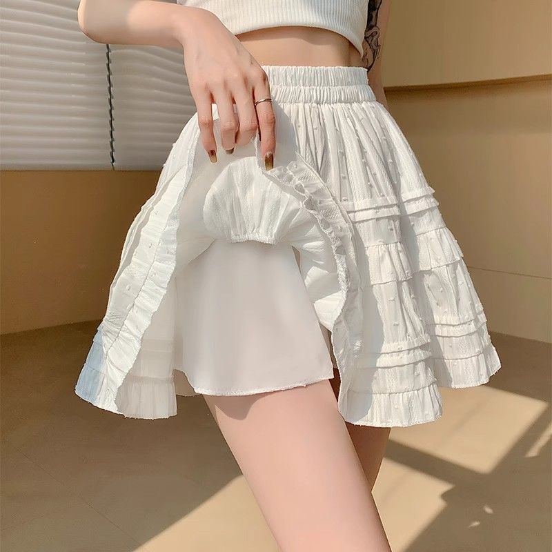 白色蕾絲蓬蓬蛋糕裙半身裙女2025年夏季高腰a字短裙子芭蕾風半裙