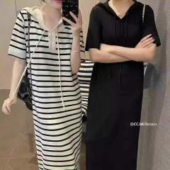 25春夏新款條紋時尚寬鬆連帽針織連衣裙百搭氣質疊穿直筒長裙女士