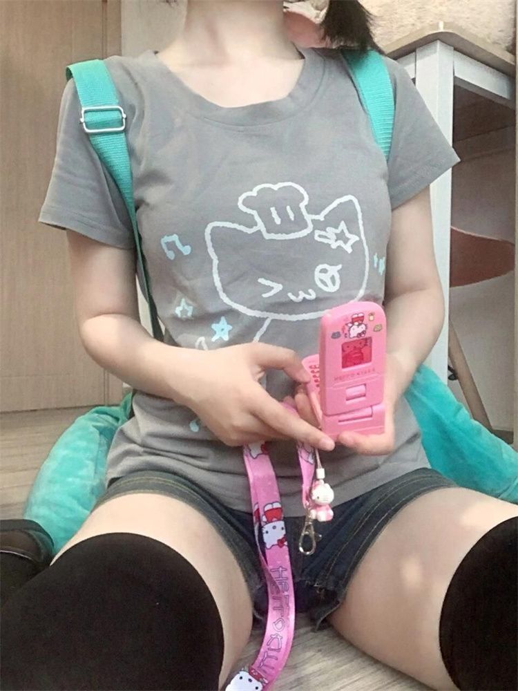 純棉面料小眾設計感印花短袖圓領T恤女夏季25新款甜美學院風上衣