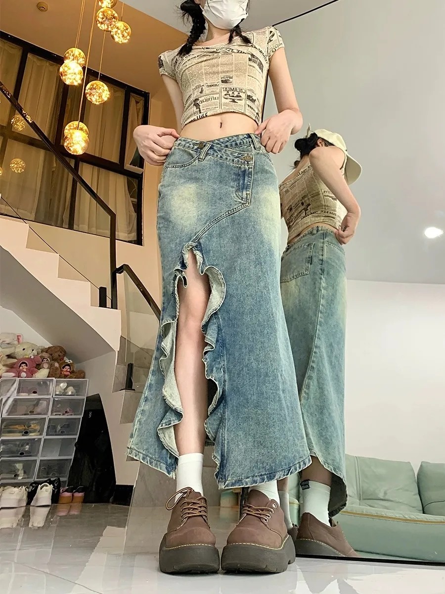 復古牛仔半身裙夏季高腰2025小眾花邊波浪中長款開叉字包辣妹魚尾