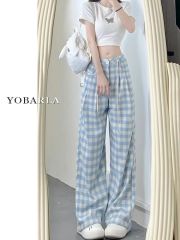 內包邊 藍色格子休閒褲女新款大碼寬鬆顯瘦闊腿褲子