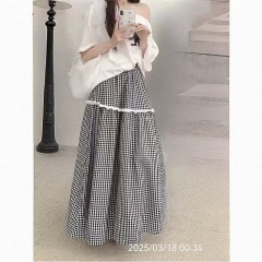 東大門韓系春夏定製花邊拼接簡約蛋糕格子A字中長鬆緊腰過隙長裙