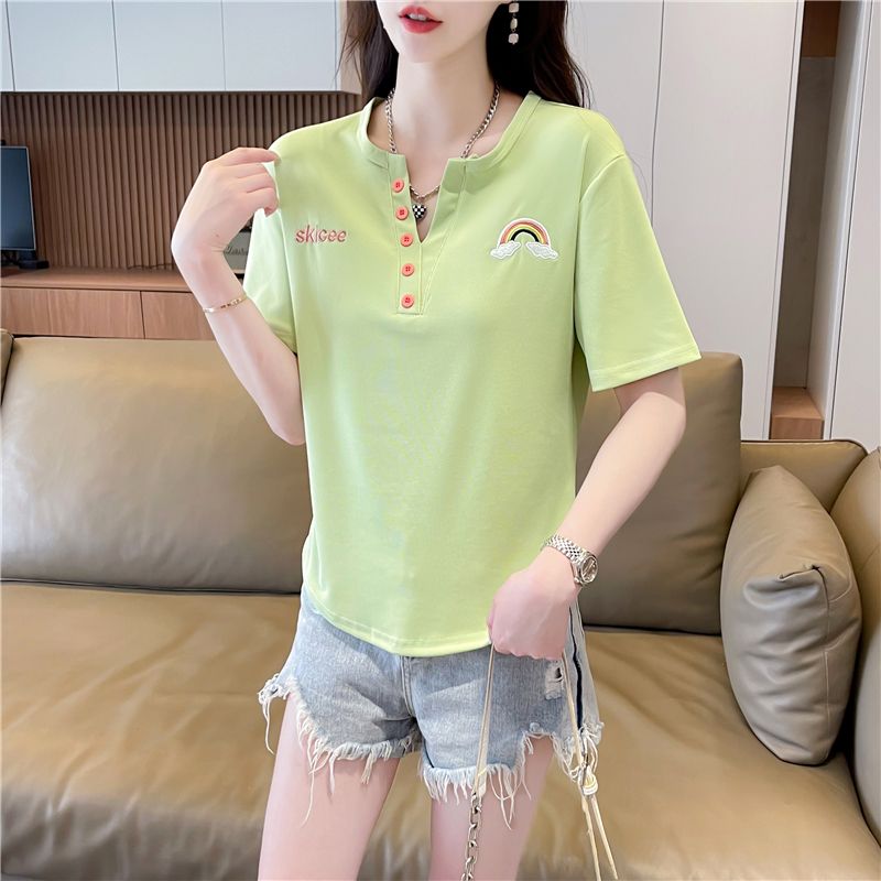 Real shot Korean loose V-neck embroidered short-sleeved T-shirt women's new summer large-size top ins