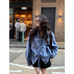 官圖 原版面料 三標齊 法式復古蝴蝶結系帶藍色襯衫女小眾上衣