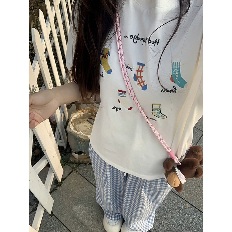 2025 summer embroidered 220g pure cotton combed tight threaded collar + back pull shoulder