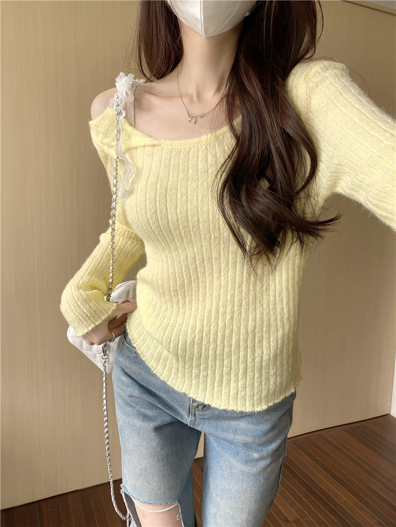 Real shot of gentle off-shoulder killing mohair lace streamer sweater top for women spring thin sweater for women