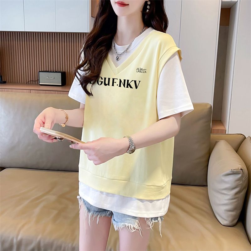 Real shot of 200g pure cotton spring and summer new design sense fake two-piece color-blocking short-sleeved T-shirt women's large-size top