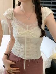 原版面料辣妹蝴蝶結正肩v領短袖t恤女夏季木耳邊上衣