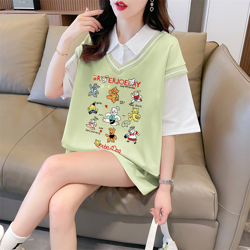 First launch real shot twill pull-up two-piece short-sleeved T-shirt for women's summer new loose top fashion brand quality