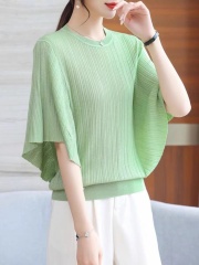 Thin design-sensory ice silk sweater top New T-shirt for women in summer, women's belly-covering flying sleeves large size women's clothing