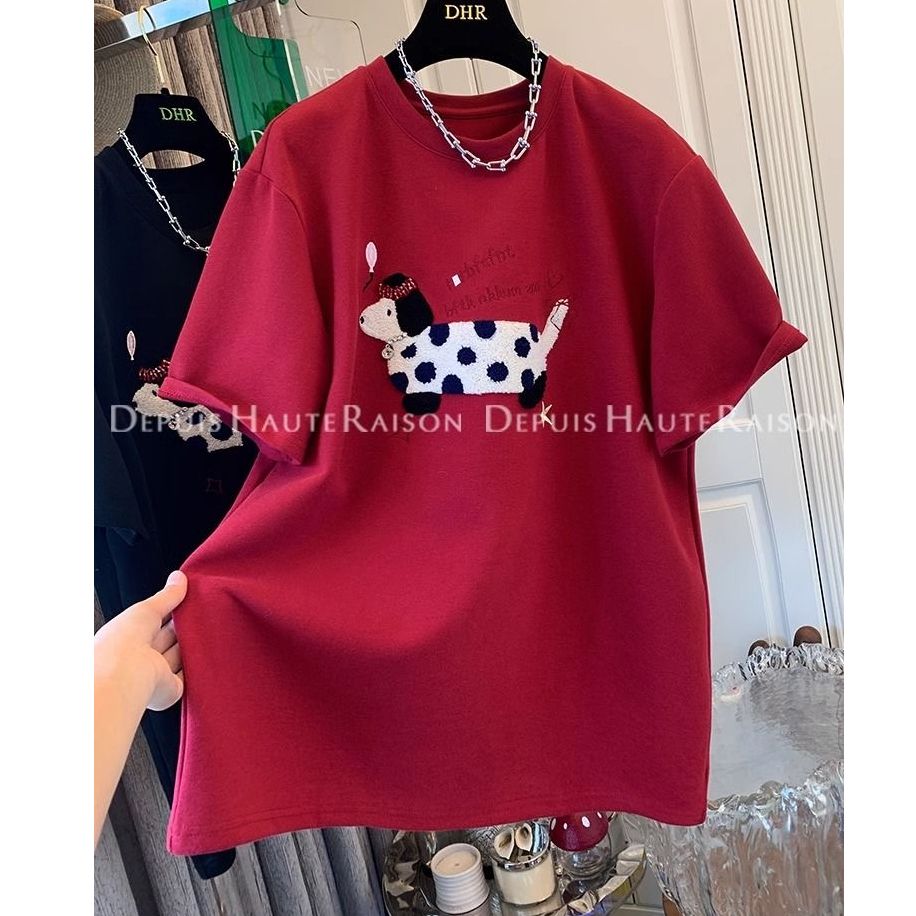 B835#官圖特大碼300斤刺繡磨毛短袖T恤女春2025新款上衣