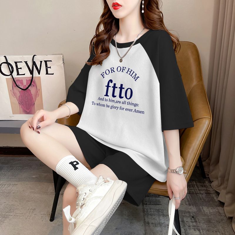 Real-life pure cotton 32-pin double yarn 320g summer new sports short-sleeved T-shirt shorts suit women's large size two-piece set