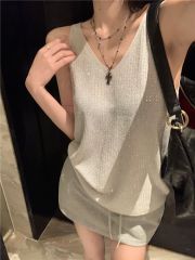 重工鑲鑽辣妹v領吊帶背心女夏季寬鬆設計感無袖氣質露背上衣外穿