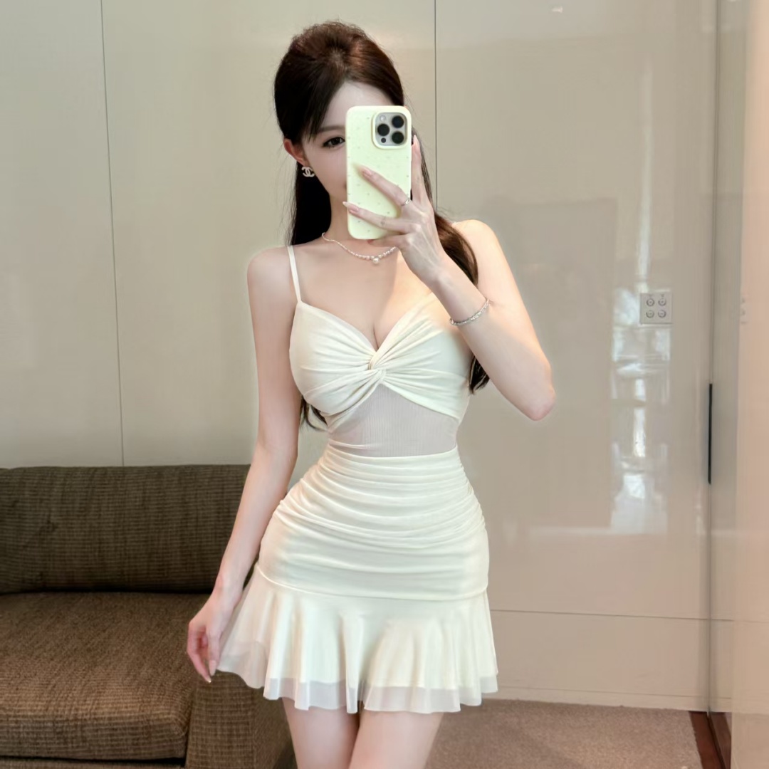 Real shot of new sexy mesh ruffled tight hip sling dress