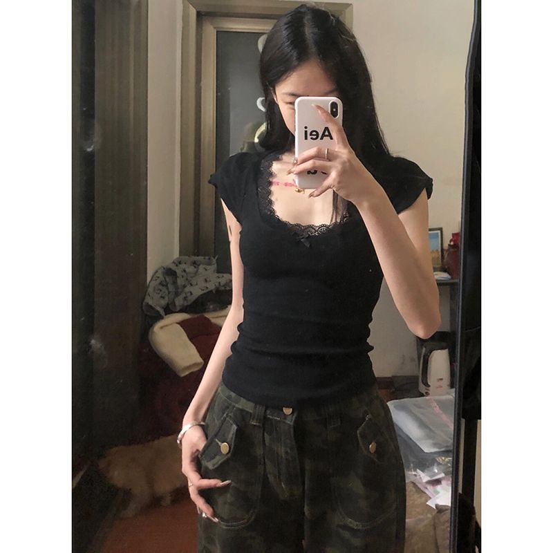 原版純棉面料 美式復古黑色蕾絲蝴蝶結方領短袖t恤女夏季短款上衣