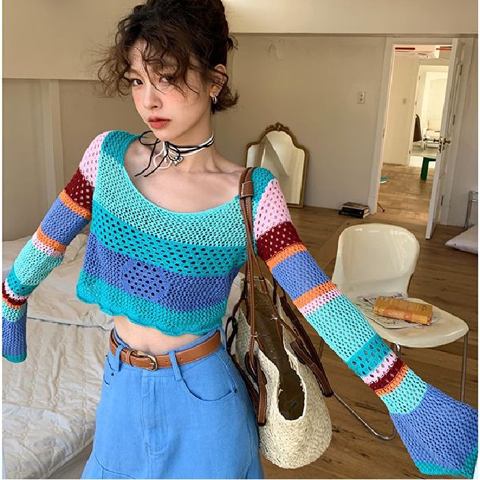 High-quality new summer flared sleeve striped hollow top for women's new short navel-exposed sunscreen shirt trendy knitted