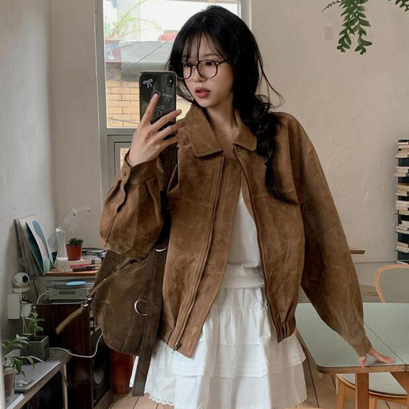 French Maillard retro brown loose deerskin baseball uniform handsome motorcycle jacket