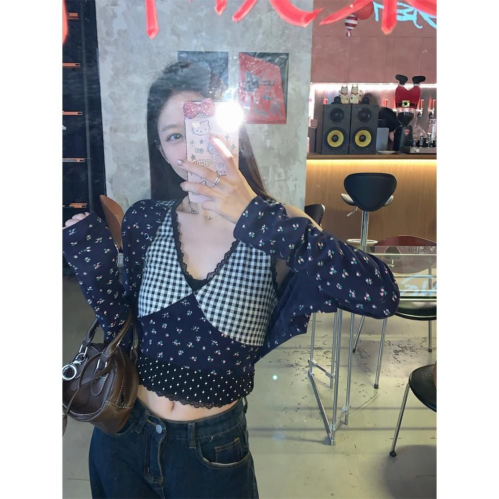 原版提花小眾拼接碎花V領背心性感辣妹顯瘦開衫女早春兩件套