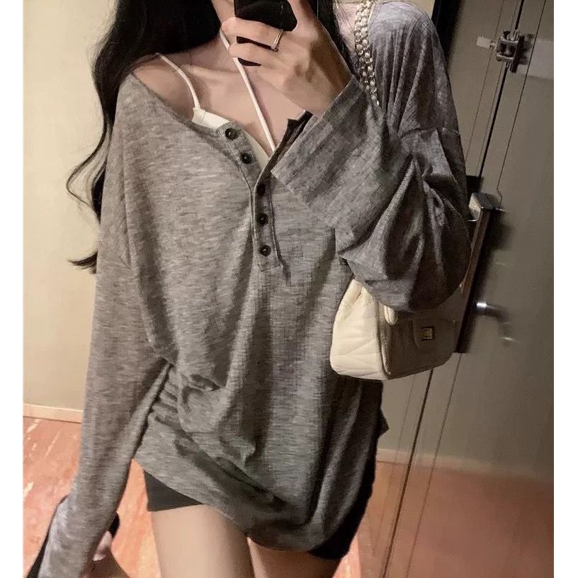 薄款慵懶風設計感小眾寬鬆灰色長袖t恤百搭吊帶外穿新款