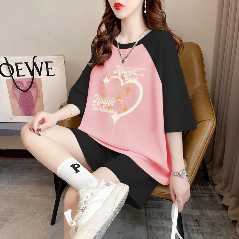 Real-life pure cotton 32-pin double yarn 320g summer new sports short-sleeved T-shirt shorts suit women's large size two-piece set