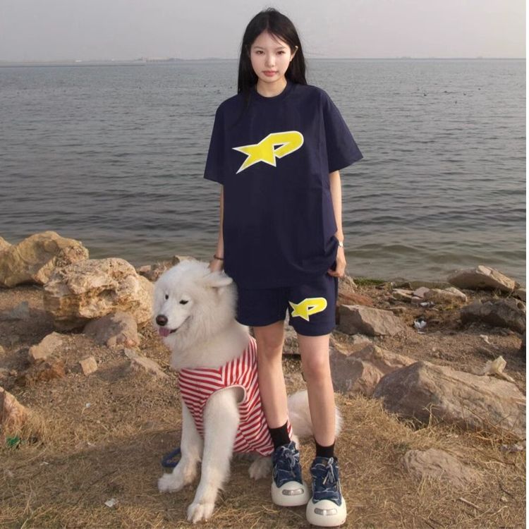 American Retro Running Sportswear Casual Set Women Loose Lazy Short Sleeve Shorts Two-Piece Set