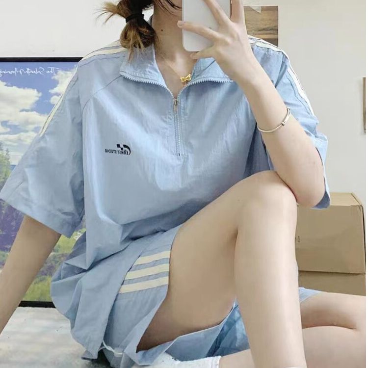 韓版學院風休閒運動服套裝女夏季學生時尚寬鬆短袖短褲防曬兩件套