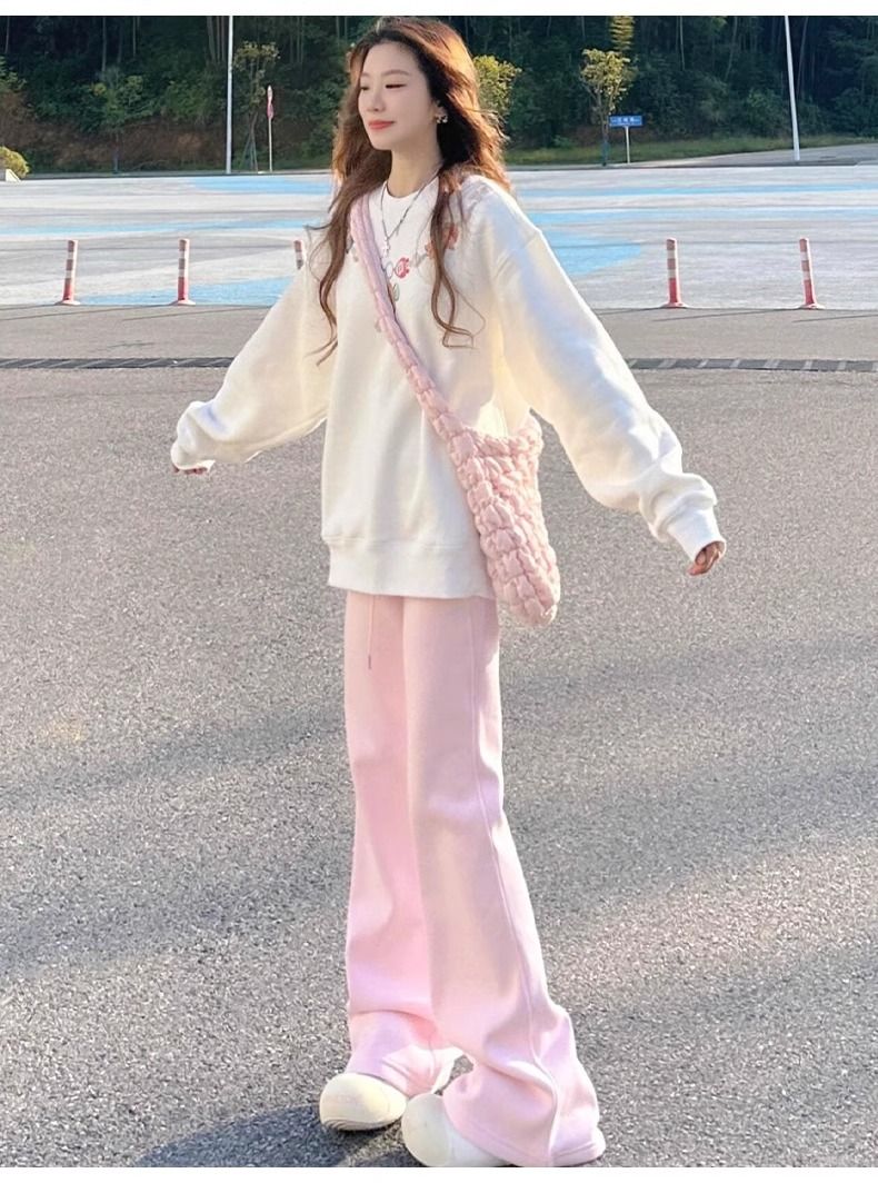 Pink Bell Bottom Pants Women's Spring and Autumn 2025 New High Waist Fleece Sweatpants Bell Bottom Joggers 