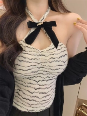 ~ Pure sexy girl halter neck hanger vest integrated cup bow striped short top