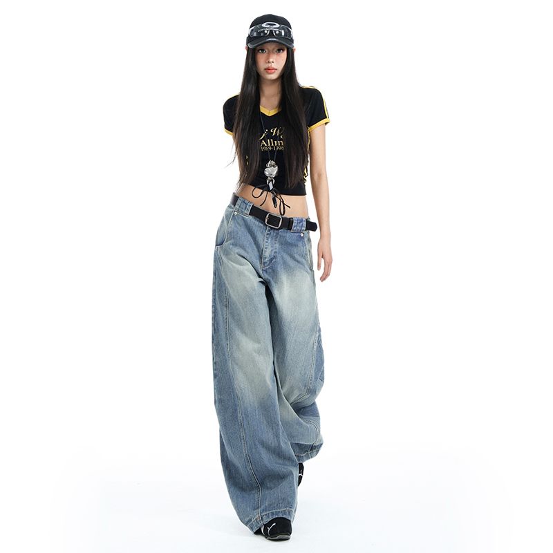 Real shot of 2025 spring scimitar jeans for women new loose wide-leg floor pants