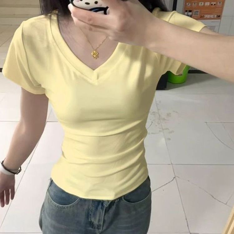 v領修身顯瘦短袖女小眾通勤正肩休閒純色設計感上衣女衫