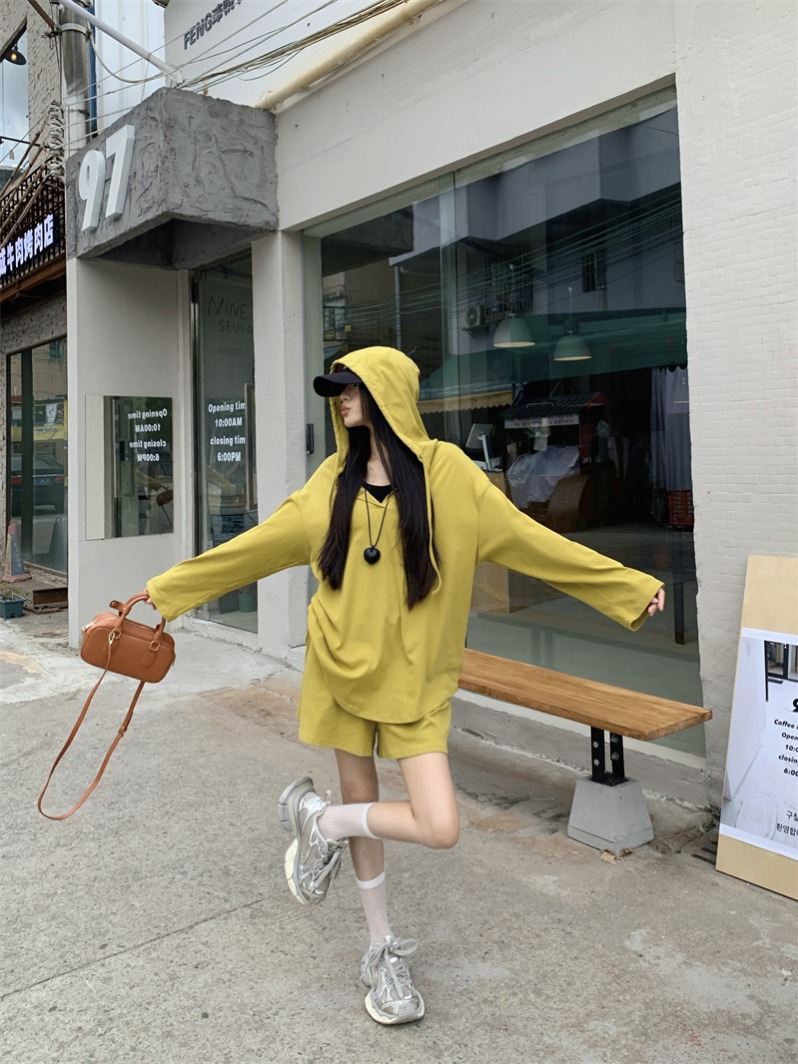 實拍 連帽衛衣短褲套裝慵懶隨性風寬鬆顯瘦兩件套女