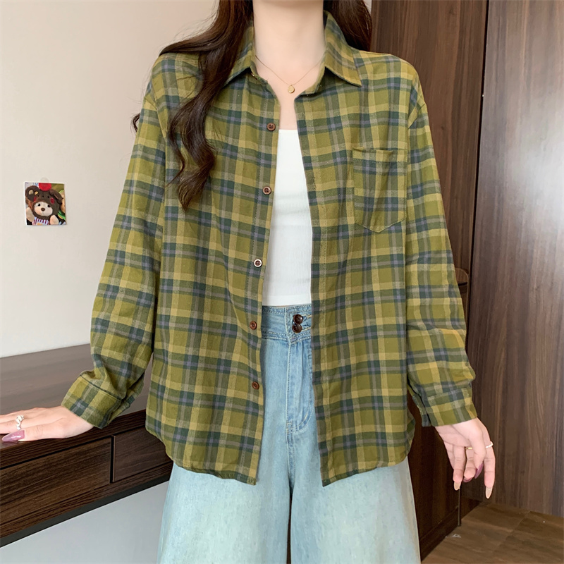 Real shot of grinding plaid shirt spring and summer new layered top retro versatile long-sleeved sunscreen shirt trendy
