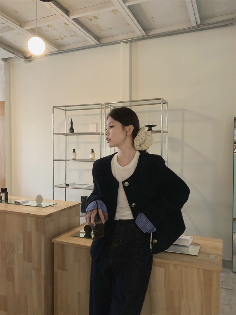 實拍 精緻小香風假兩件拼接粗紡呢子外套秋冬短款毛呢上衣