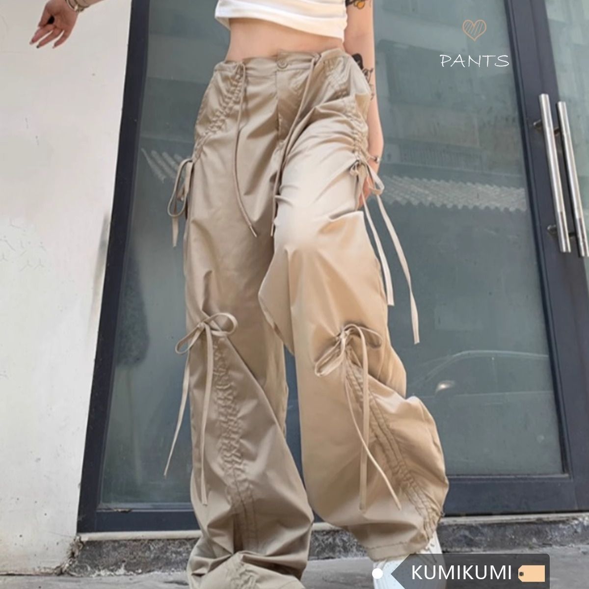 Sweet and Cool Drawstring Design Work Pants for Women - Summer Streetwear Casual Butterfly Knot Belt Loose Fitting Slim Straight Leg Pants Trendy