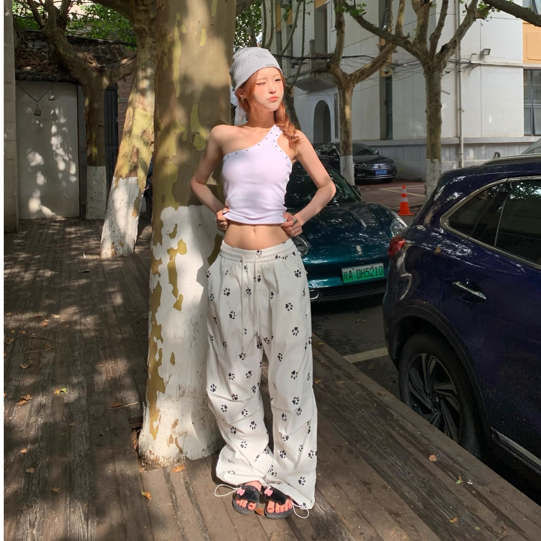 美式休閒工裝褲復古狗腳印印花2025春夏寬鬆直筒休閒闊腿褲辣妹