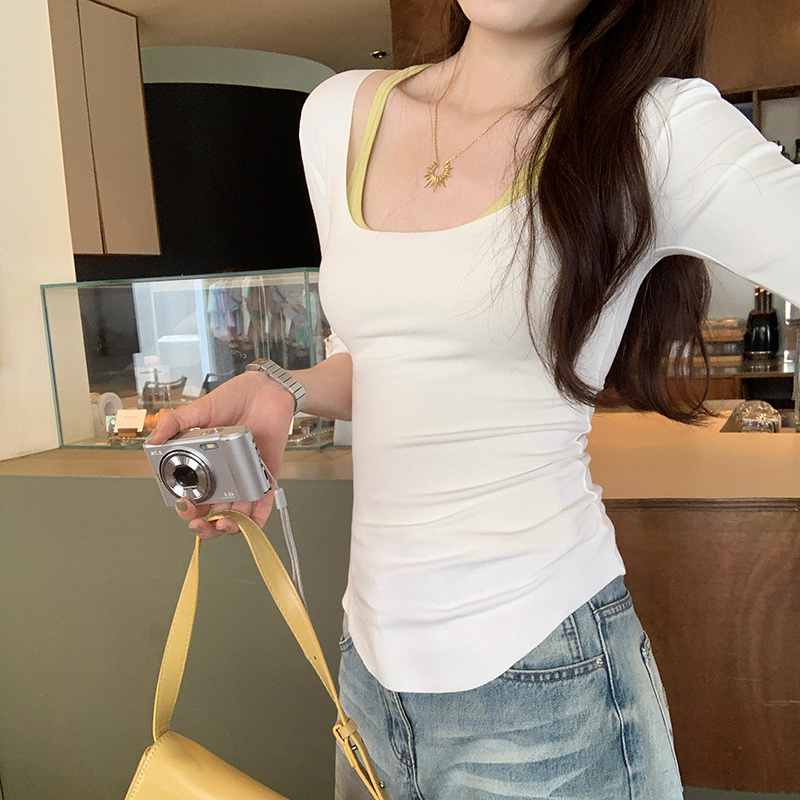 Real photos Korean hot girl U-neck white slim five-point sleeve T-shirt for women in summer 2025 new spring beautiful top
