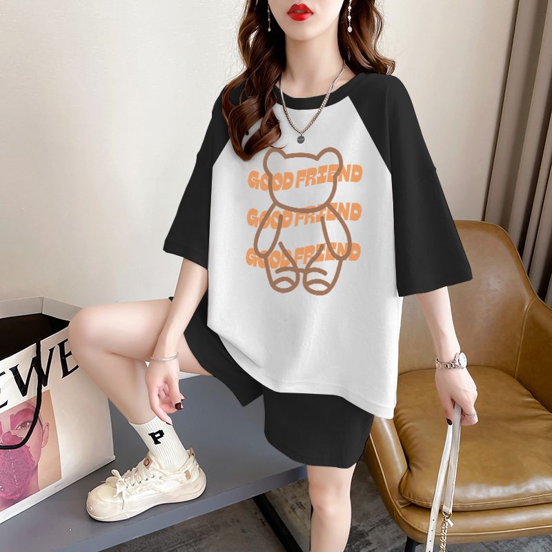 Real shot of pure cotton 32 double yarn 230g 2025 summer casual short-sleeved T-shirt shorts suit women's two-piece set