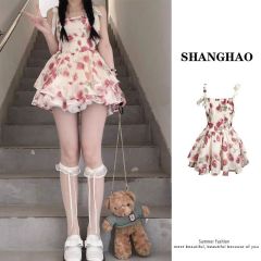 甜辣風綁帶碎花蓬蓬裙套裝女夏薄款甜美收腰吊帶連衣裙