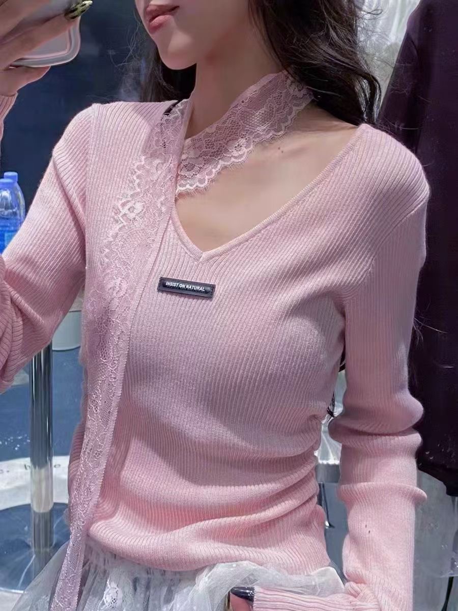 C.S韓系2025春季新款修身顯瘦百搭洋氣甜美蕾絲飄帶V領內搭針織衫