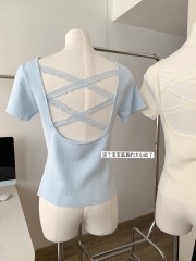 十三行2025春季新款蕾絲露背長袖T恤女辣妹純欲修身上衣打底衫