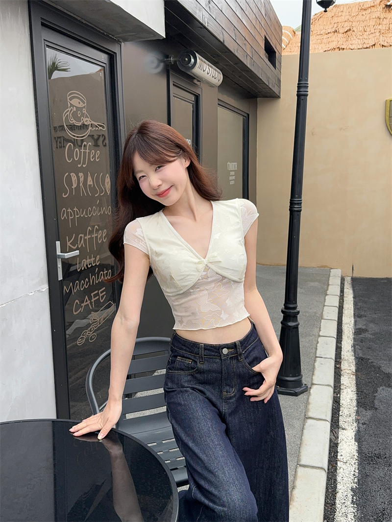 Real photos~ Slightly intoxicated sweet wine, sweet and spicy trick spliced ​​lace short-sleeved T-shirt for women 2025 spring and summer new style