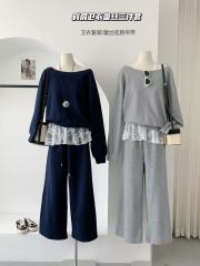 The Wang Girl's Store Cropped Hoodie and Lounge Pants Lace Camisole Three-Piece Set Shoulder-Strapped Top and Pants Sports Set