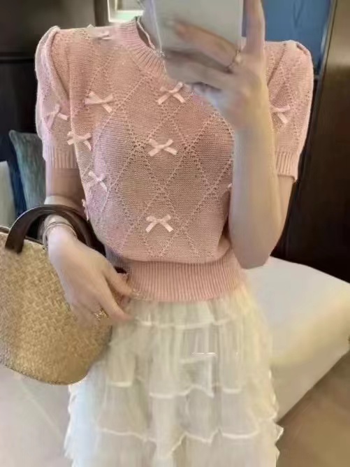 奶系少女溫柔小蝴蝶結短袖毛衣女早春季甜美版型軟糯針織小衫上衣