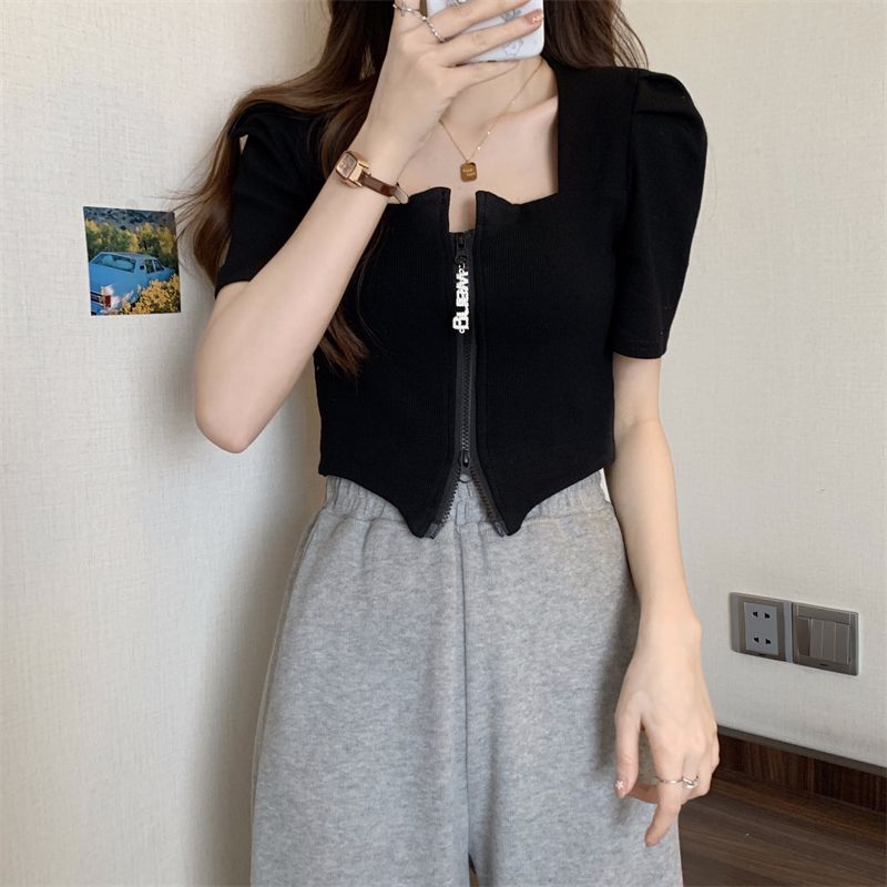 螺紋   泡泡袖方領短袖t恤女夏季辣妹短款修身設計感拉鏈上衣潮