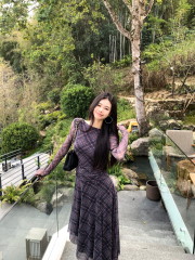 Real shot New plaid pleated tulle backless round neck long-sleeved dress