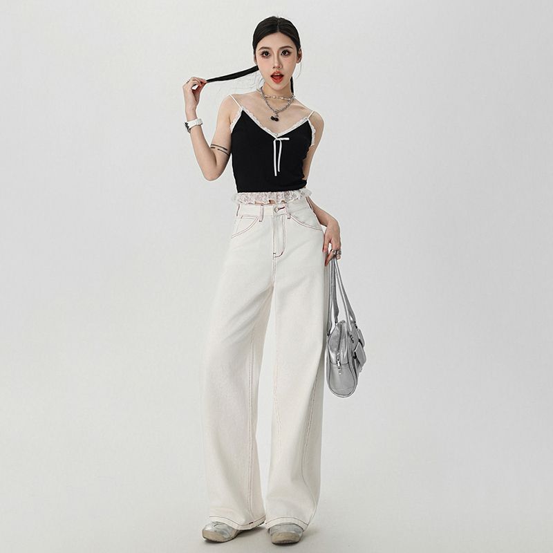 Real shot of 2025 spring fashion trend casual pants for women high waist drooping wide-leg pants